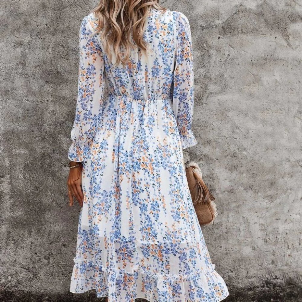 white blue Shabby Chic Cottagecore Floral Ditsy Ruffle Hem Dress - Picture 5 of 6